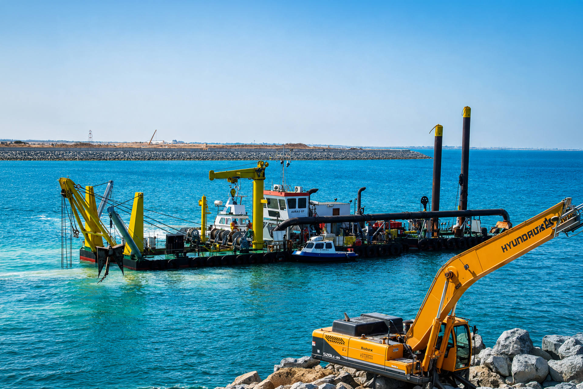 Cutter suction dredgers Baniyas Bay and Deira Bay working together at the Hassyan Power Complex.