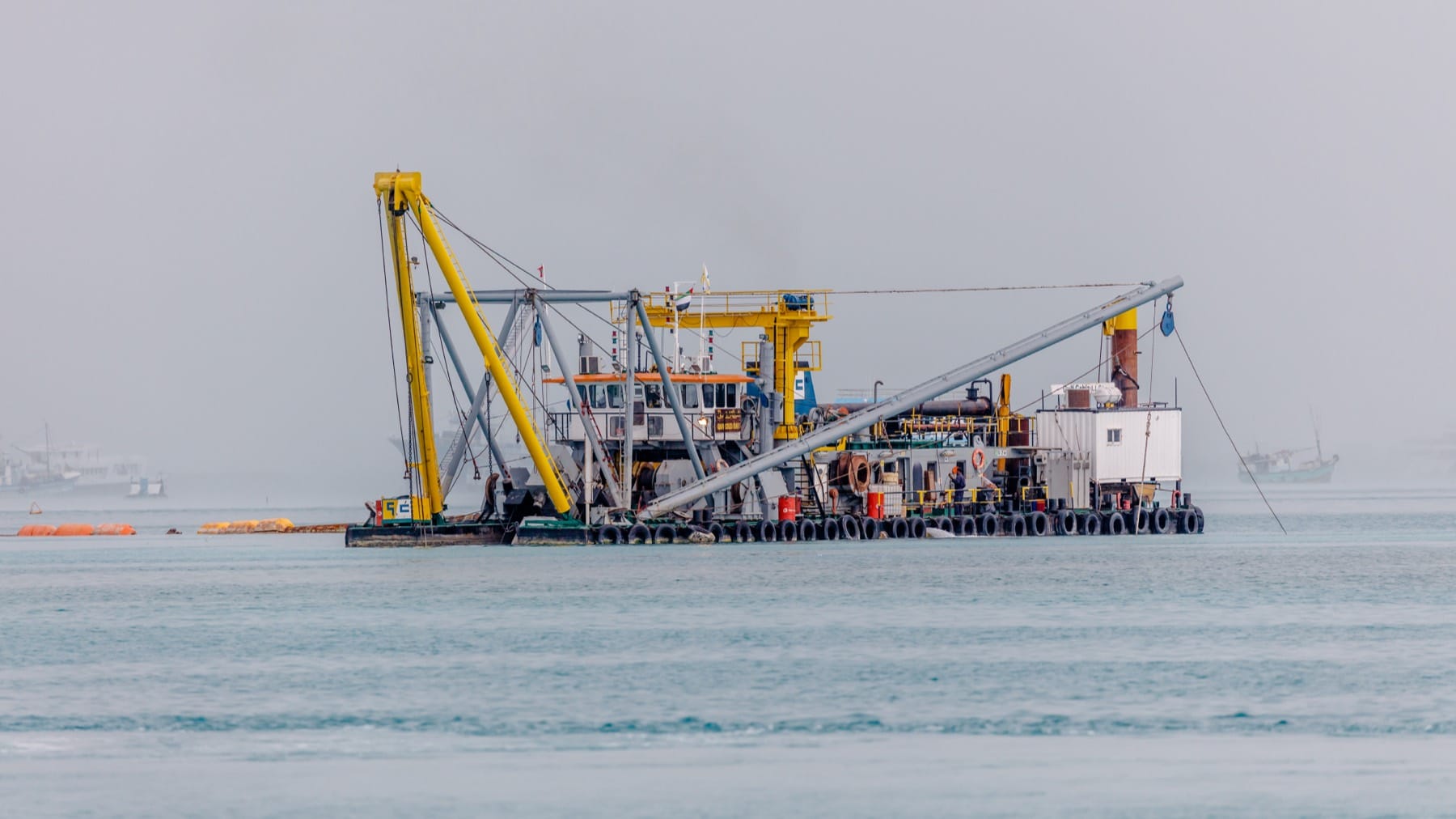 Cutter suction dredger Garhoud Bay seen from the water.